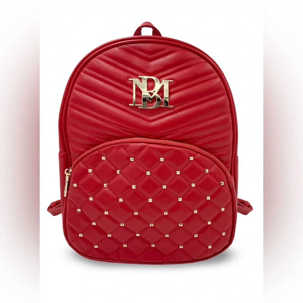 Badgley Mischka Bright Red Vegan Leather Gold Studded Backpack NWT
